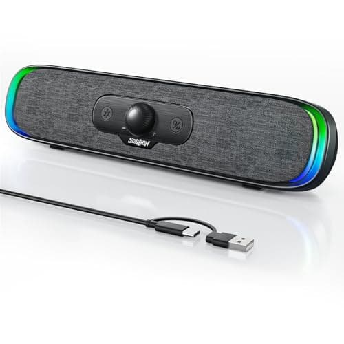 SOULION Computer Speakers, USB C/USB Powered PC Speaker with Colorful LED Lights, Plug-N-Play Wired Bluetooth Sound bar with Rotary Control for Desktop Laptop Monitor Office Work Music Black