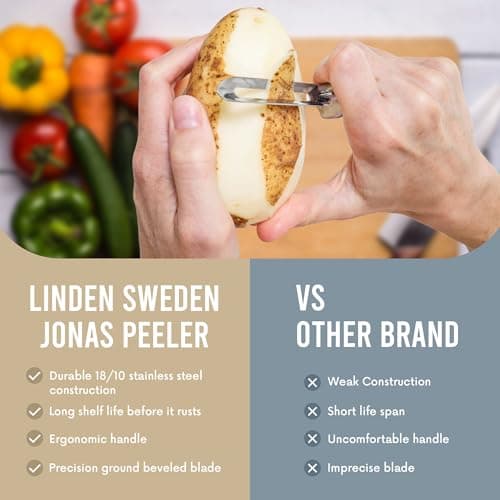 Linden Sweden Original Jonas Vegetable Peeler - Rust Resistant Silver Carrot and Potato Peeler with Ergonomic Handle for Safety and Control - Dishwasher Safe and Compact - Made In Sweden - 6.5in 6