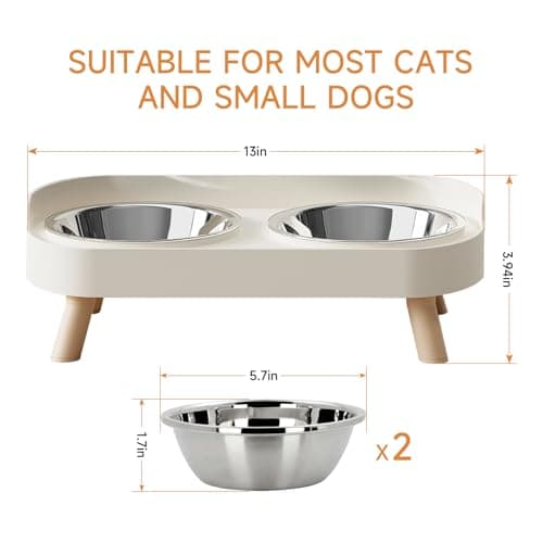 Elevated Cat Bowl, Raised Cat Food and Water Bowl Set for Indoor Cats, Splash Proof with 2 Stainless Steel Pet Food Bowls for Cats and Puppies, Whisker Fatigue and Dishwasher Safe - White 6