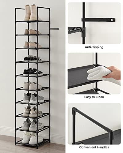 SONGMICS Shoe Rack, 10-Tier Shoe Shelf, Shoe Storage Organizer, 13 x 13 x 68 Inches, Metal Frame, Non-Woven Fabric Shelves, for Entryway, Bedroom, Black ULSR110B02 8