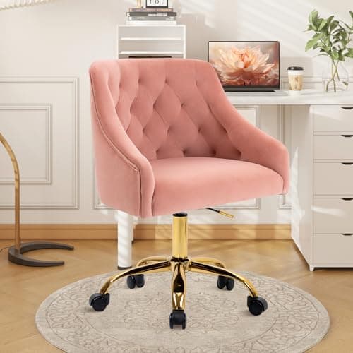 LOVSPATIO Home Office Chair, Velvet Swivel Adjustable Accent Vanity Chair with Arms Nailhead Trim for Bedroom, for to Living Room, Studying, Office (Pink)