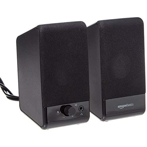 Amazon Basics USB-Powered Computer Speakers with Volume Control for Desktop or Laptop PC, Compact Size, Headphone Jack, Portable, Plug-N-Play, Black