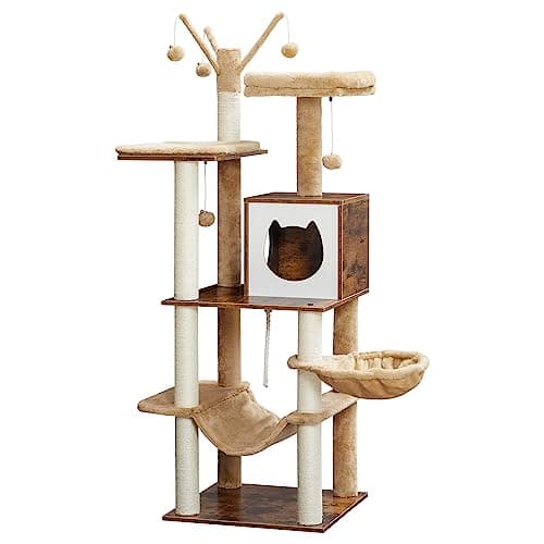 HOOBRO Cat Tree, 58.3 Inches Cat Tower for Indoor Cats, Wooden Cat House with 2 Cat Hammocks, Modern Cat Condo with Cat Scratching Posts, Cat Teaser Sticks, Soft Perches, Rustic Brown FG48CT03