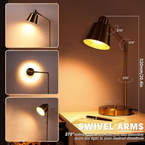 Anxingtools LED Desk Lamp with Dual USB Charging Ports, 100% Metal, 270° Swivel Arms, Soft White Light (3000K), Bedside Reading Lamp, Home Office Lamp(Golden) 2