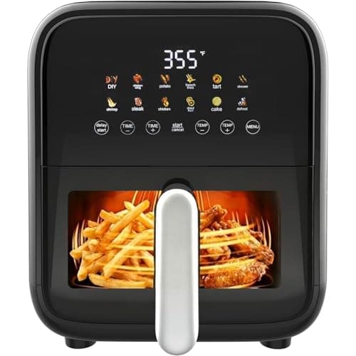 Simple Deluxe 12-in-1 Air Fryer 7.5 Qt, Digital Preset & DIY Function Airfryer with Visible Window, Nonstick and Dishwasher-Safe Basket, Chicken, Fries, Fish, Tart, Cake, DIY, Black