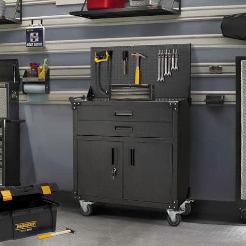 JFHID 52'' Work Bench for Garage with Pegboard Drawers and Cabinets Heavy Duty Metal Frame Tool Bench for Shop Kitchen Cabinets Organizer Work Table with Wheels (Black) 8