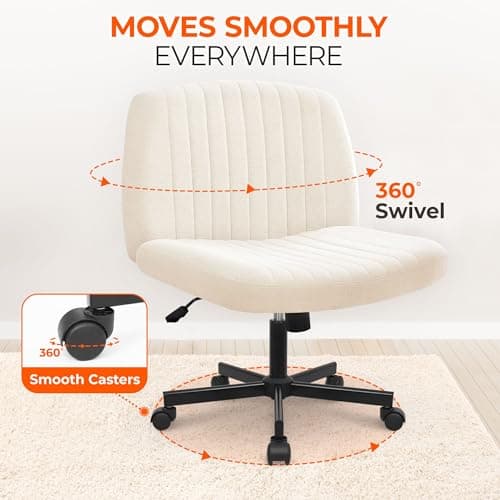 Orange Factory Criss Cross Chair Wheels Wide Cross Legged Office Desk Vanity Chair Comfy Fabric Armless Adjustable Swivel for Home Computer Task (Beige) 5