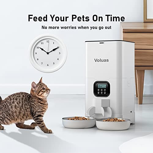 Voluas Automatic Cat Feeder for Two Cats, Double Pet Feeder with 2 Stainless Steel Bowls,6L Timed Cat Feeders with Memory Function 7