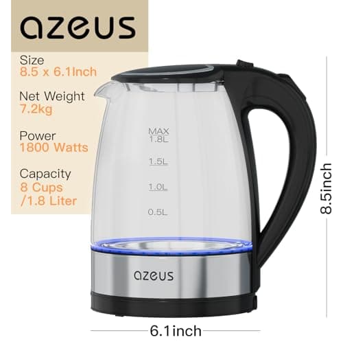 AZEUS Fast Boil Electric Water Kettle, 1.8L Large Capacity with Auto Shut-Off and Boil-Dry Protection, BPA-Free Borosilicate Glass &Stainless Steel 7