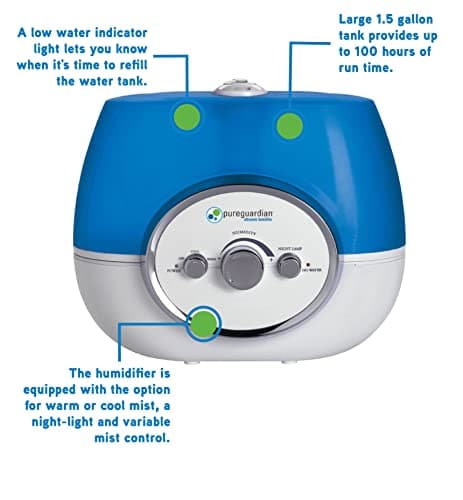 PureGuardian H1510 Ultrasonic Warm and Cool Mist Humidifier for Bedrooms, Quiet, Filter-Free, 11L Output Up to 100 Hr Run Time, 1.5 Gal Treated Tank Surface Resists Mold, Pure Guardian Room Humidifier 6
