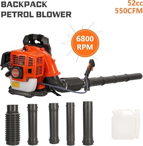 Backpack Gas Powered Leaf Blower, 52CC 550CFM 3HP 2 Stroke Grass Lawn Blower Air Cooling Gasoline Backpack Grass Blower with Air-Cooled, Snow Blower for Outdoor 7