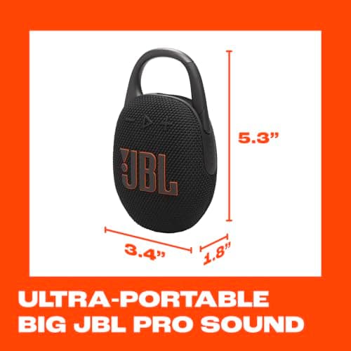 JBL Clip 5 - Ultra-Portable, Waterproof & Dustproof Bluetooth Speaker, Big JBL Pro Sound with Punchy bass, Integrated Carabiner, Up to 12 Hours of Play, Made in Part with Recycled Materials (Black) 5