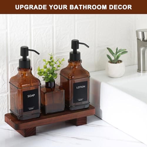 Modern Kitchen Soap Dispenser Set with Wood Tray, Amber Glass Soap Dispensers with Pump, Decorative Hand and Dish Soap Dispenser Set, Soap and Lotion Dispenser Upgrade for Kitchen and Bathroom Decor 7