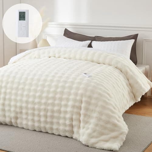 GarveeHome Heated Comforter Queen Size with Wireless Remote & Dual Zone Control, Luxury Faux Fur Electric Bedding Blanket, 6 Heat Levels & Auto Shut-Off, for Couples, Beige
