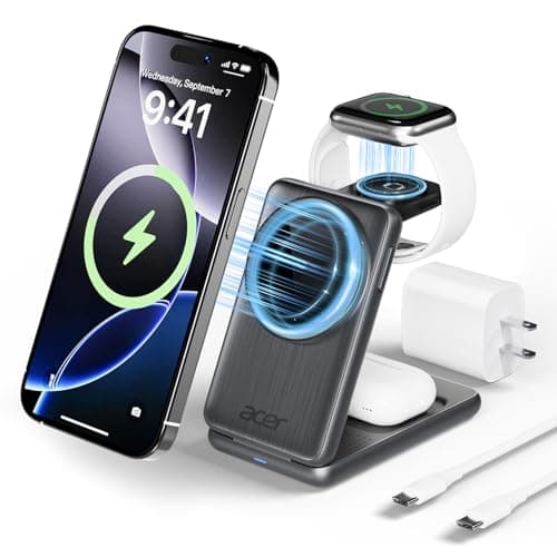 Acer 3 in 1 Charging Station for iPhone, Wireless Charger Stand,15W Fast MagSafe Charger for iPhone 17 16 15 14 13 12 Series-Apple Watch 11 10 9 8 7 6 5 4 3 2 SE and Ultra Series-Airpods 4 3 2 Pro