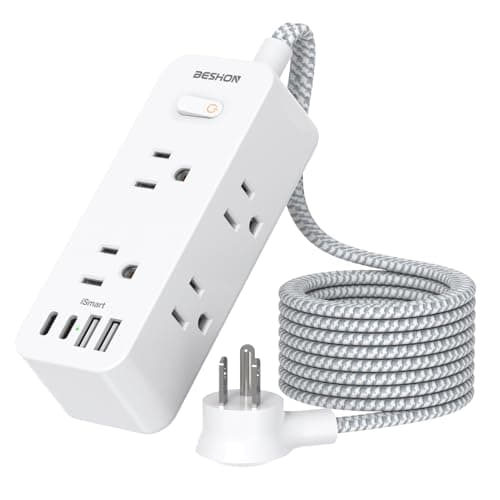 Power Strip Surge Protector, BESHON 5Ft Extension Cord, 6 Outlets with 4 USB Ports (2 USB C Outlet), 3-Side Outlet Extender, Wall Mount, Compact for Travel, Home, College Dorm Room and Office