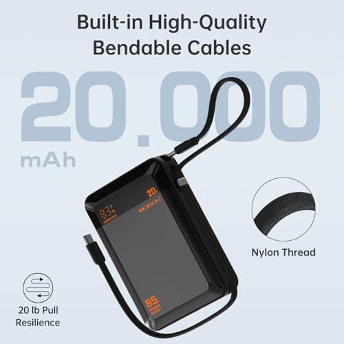 Power Bank 65W Laptop Portable Charger, 20000mAh Fast Charging Battery Pack with Built-in Bi-Directional USB C Cable, Compact Travel Charger for iPhone 17/16/15, Samsung, Tablet, MacBook and More 7