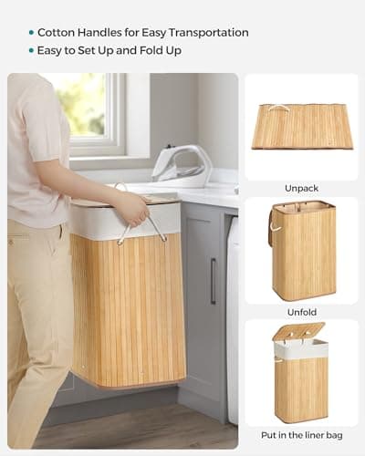 SONGMICS Foldable Laundry Hamper with Lid, 19 Gal. Bamboo Laundry Basket, Rectangular Storage Hamper with 3 Handles, 15.7 x 11.8 x 23.6 Inches, for Laundry Room, Bedroom, Natural ULCB10YV1 7