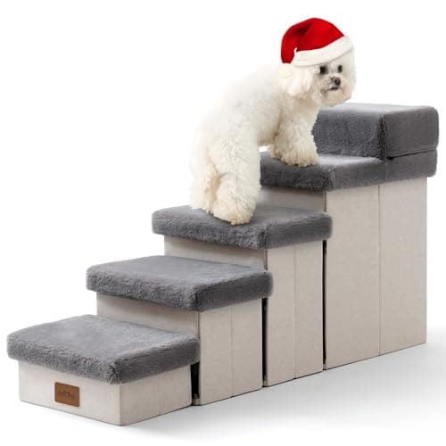 COZY KISS Dog Stair for Small Dogs with Storage, Foldable Pet Step with Soft Cover, Older Cat Ramp for Chair Couch Sofa, Lightweight, Durable, Comfort, 39.7x13x21.2 inch, 5 Tiers, Grey