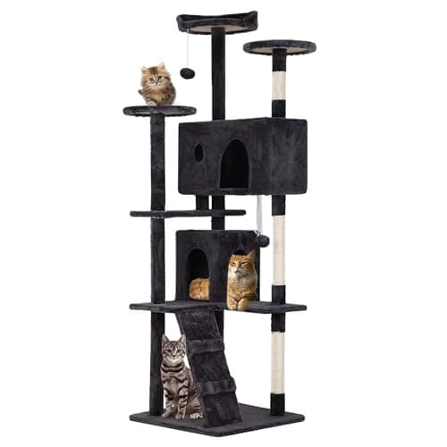 FDW | 70" Cat Tree Tower | Dark Gray | Multi-Level Indoor Activity Center with Sisal Scratching Posts, Condos, Plush Perches, Hanging Cat Toys | Sturdy, Easy to Assemble | for Kittens & Adult Cats