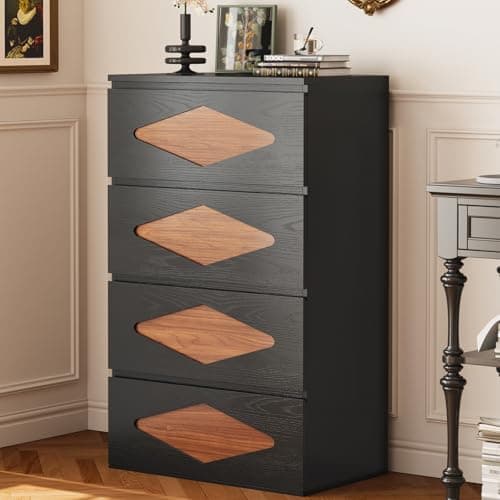 UPOSOJA 48.3'' Tall Dresser for Bedroom, 4 Chest of Wooden Deep Drawers, Vintage Dresser, Closet Storage Dressers Organizer for Bedroom, Living Room, Hallway (Black+Brown)