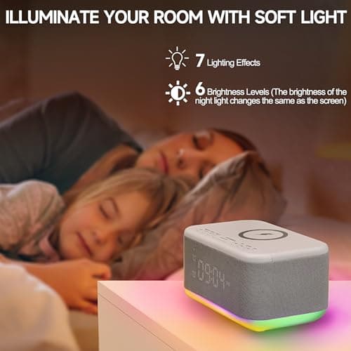 Alarm Clock Speaker Wireless Charger, Digital Alarm Clocks Bedrooms Bluetooth, Alarm Clock Dimmable Light Bedrooms Dual Alarm Snooze Dimmer 12 24H RGB Night Light Bluetooth USB AUX, Gray 7