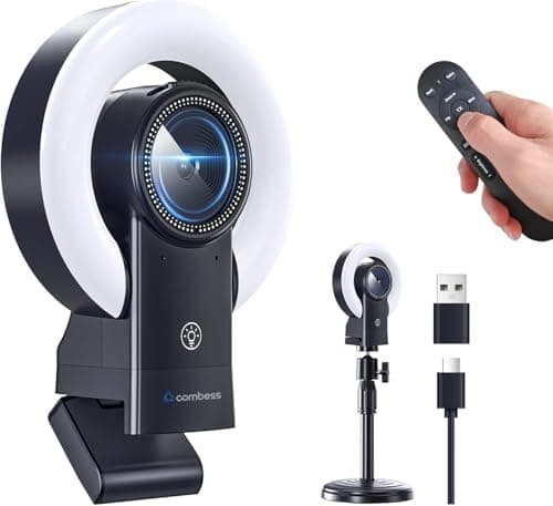 Combess 4K Webcam with Light, Web Cam with Speaker, Dual Noise Reduction Plug and Play, Web Camera for Desktop Computer, Auto-Focus, Privacy Protection, Webcam for PC Zoom Skype