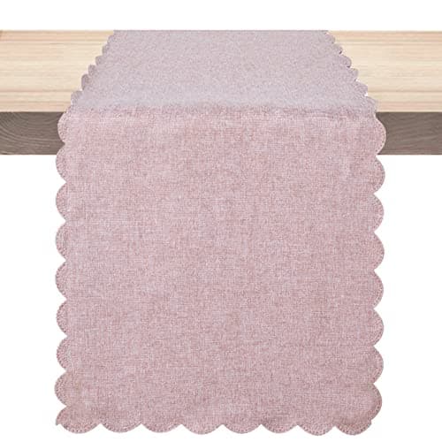 Winotic Table Runner 13 x 72 Inches Long, Cotton Linen Farmhouse Scallop Style Pink Table Linen for Kitchen Dining Coffee Table Parties Wedding Home Decor (13” x 72”, Pink)
