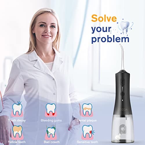 ZOZOA Cordless Water Dental Flosser, 4 Mode Oral Irrigator, Portable Rechargeable Teeth Cleaner, Ipx7 Waterproof, 6 Replacement Jet Tips, 300ml Water Flosser for Teeth Cleaning Braces, Black 6