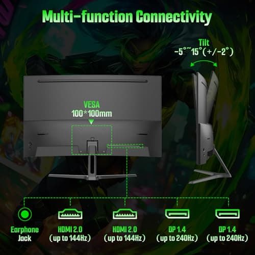 SANSUI 27 Inch Curved Gaming Monitor 240Hz, 2K WQHD 1500R Curved Computer Monitor, 120% sRGB, MPRT 1ms, Freesync, HDR, HDMI*2, DP1.4 * 2,VESA(100 * 100mm) 9