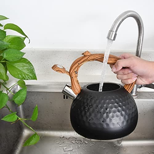 GGC Tea Kettle for Stove Top, Loud Whistling Kettle for Boiling Water Coffee or Milk, 3.1 Quart 3L Heavy Stainless Steel Black Kettle with Wood Pattern Handle, Unique Button Control Kettle Outlet 6