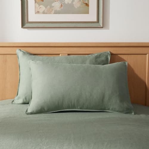 TOSMO 100% Linen Pillowcase Standard Size, Set of 2, Stone Washed Pillowcases Envelope Closure, Soft and Durable Pillow Cases, 20" X 26", Sage Green