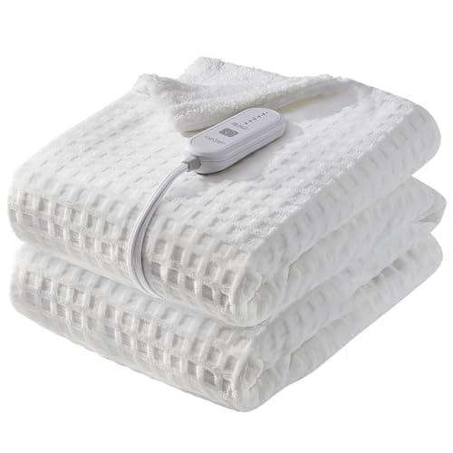 CAROMIO Heated Throw Electric Blanket, Waffle Heating Throws with ETL Certified & Machine Washable, Soft Flannel & Sherpa Heat Throws for Couch, 5 Heating Levels & 4 Hours Auto Off, White, 50" x 60"