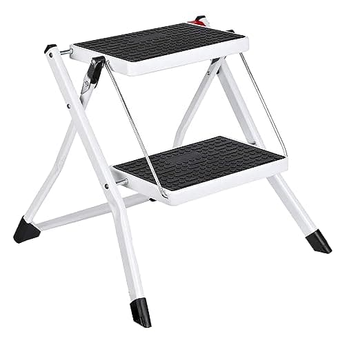 Delxo Portable Collapsible Lightweight Alloy Steel 2 Step Mini Stool Stepladder with Anti Slip Carry Hand Grip and Wide Pedal for Indoor Use, White