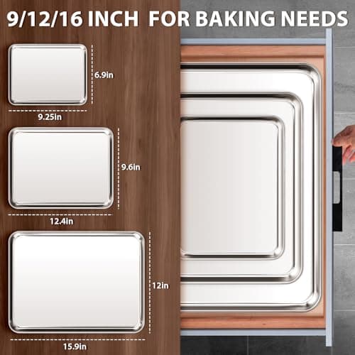 Stainless Steel Cookie Sheets Set of 3, 9/12/16 Inch Non Stick and Heavy Duty and Easy Clean 4