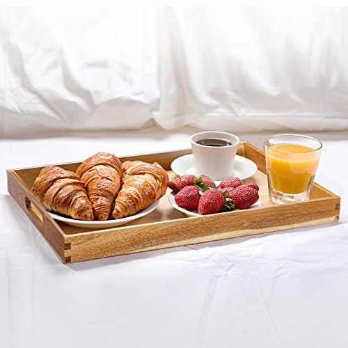 KITEISCAT Acacia Wood Serving Tray with Handles (Set of 2)- 17-Inch Decorative Wooden Tray - Perfect for Breakfast, Lunch, Dinner, Ottoman, Coffee Table - Living Room and Couch Tray 5