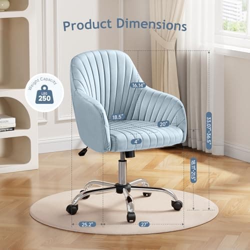 Warmiehomy Velvet Desk Chair for Home Office, Modern Adjustable Swivel Task Chair, Women Vanity Chairs with Arm Rest for Bedroom Dressing Room, Light Blue 2