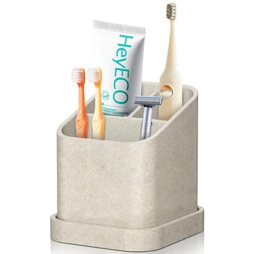 DOLED Toothbrush Toothpaste Holder for Bathroom: Beige Electric Toothbrush Organizer Stand with Drainage - Weighted Resin Tooth Brushing Caddy for Countertop Vanity