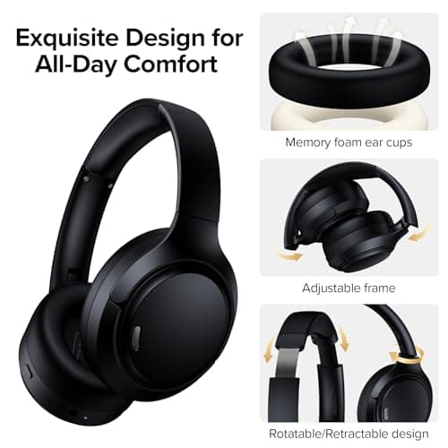 Hybrid Active Noise Cancelling Headphones Wireless, 120Hrs Playtime, 6 ENC Clear Mic, Over Ear Bluetooth Headphones with Hi-Res Audio Comfort Earcup Foldable ANC Headphone for Travel Game Home Office 6