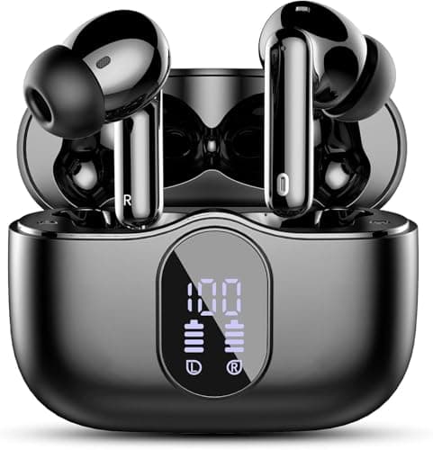 Wireless Earbuds, Bluetooth 5.4 Headphones Bass Stereo, Ear Buds with Noise Cancelling Mic LED Display, IP7 Waterproof in Ear Earphones, 36H Playtime for Laptop Pad Phones Sports Workout, Black