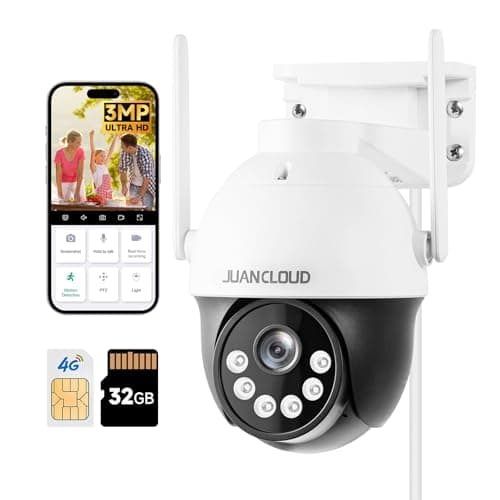 JUANCLOUD 4G LTE Cellular Security Camera Wireless Outdoor, No WiFi Camera with 360° Pan Tilt Auto-Tracking, Siren Alert, Color Night Vision, 2-Way Audio, 32GB SD Card & SIM Card, IP66