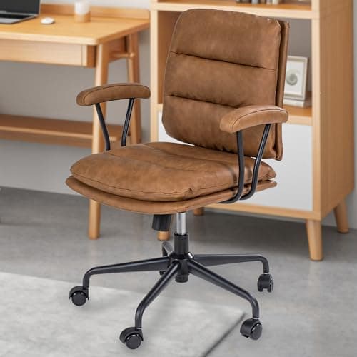 SUGOLD Brown Office Desk Chair, PU Leather Chair with Lumbar Support, Removable Armrests, Comfortable Adjustable Swivel Task Chair for Home, Office, Small Space,Dresser, Bedroom