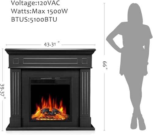 43 Inch Fireplace TV Stand with Mantel - Electric Fireplace Heater, Wooden Entertainment Center, Adjustable LED Flame, Freestanding (750W/1500W),Black 4