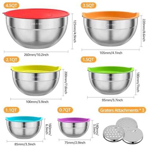 JSCARES Mixing Bowls with Colorful Airtight Lids, 6 Piece Stainless Steel Metal Bowls with 3 Grater Attachments, Size 4.5, 3.5, 2.1, 1.5, 1.1, 0.7 QT 7