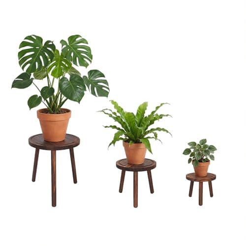 Amdermi 3-Pack Wood Plant Stands Indoor, Single Plant Stand for 6-12 Inch Pots, Mid-Century Modern Plant Stool, Tall Plant Stand for Large Plants for Living Room, Balcony, Office