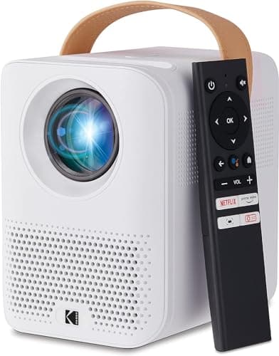 KODAK FLIK HD9 Smart Projector | Mini White Portable Indoor & Outdoor Movie with Android TV Streaming Apps, Wi-Fi and Bluetooth, Built-In Speakers & Voice Remote | FHD 1080p for Screens Up to 120”