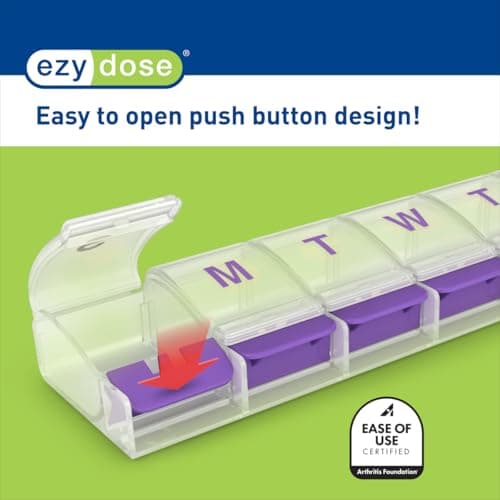 EZY DOSE Weekly (7-Day) Pill Case, Medicine Planner, Daily Vitamin Organizer Box, X-Large Push-Button Compartments, Convenient and Easy to Use, Arthritis Friendly, Clear Lids, Color May Vary, BPA Free 8