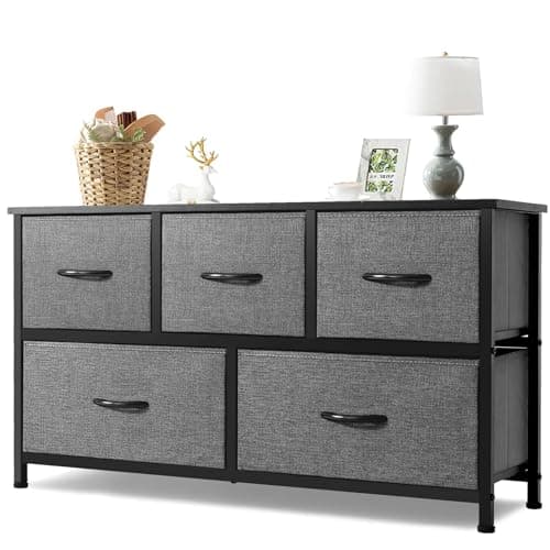 AZL1 Life Concept Extra Wide Dresser Storage Tower with Sturdy Steel Frame, 5 Drawers of Easy-Pull Fabric Bins, Organizer Unit for Bedroom, Hallway, Entryway, 11.4"D x 39.4"W x 21.6"H, Dark Grey
