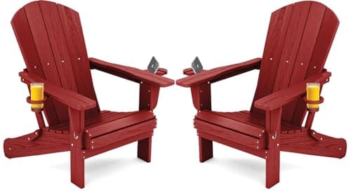 SERWALL Adirondack Chair with Cup Holders - Composite Adirondack Chairs Set of 2 HDPE Outdoor Chairs All Weather Use- Dark Red