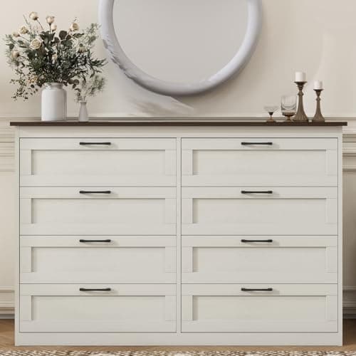 Vikiullf 8 Drawer Dresser - Farmhouse Dresser for Bedroom, Wooden Chest of Drawers, Storage Drawers for Bedroom, Living Room, Hallway, Entryway Organizer, Rust Oak White